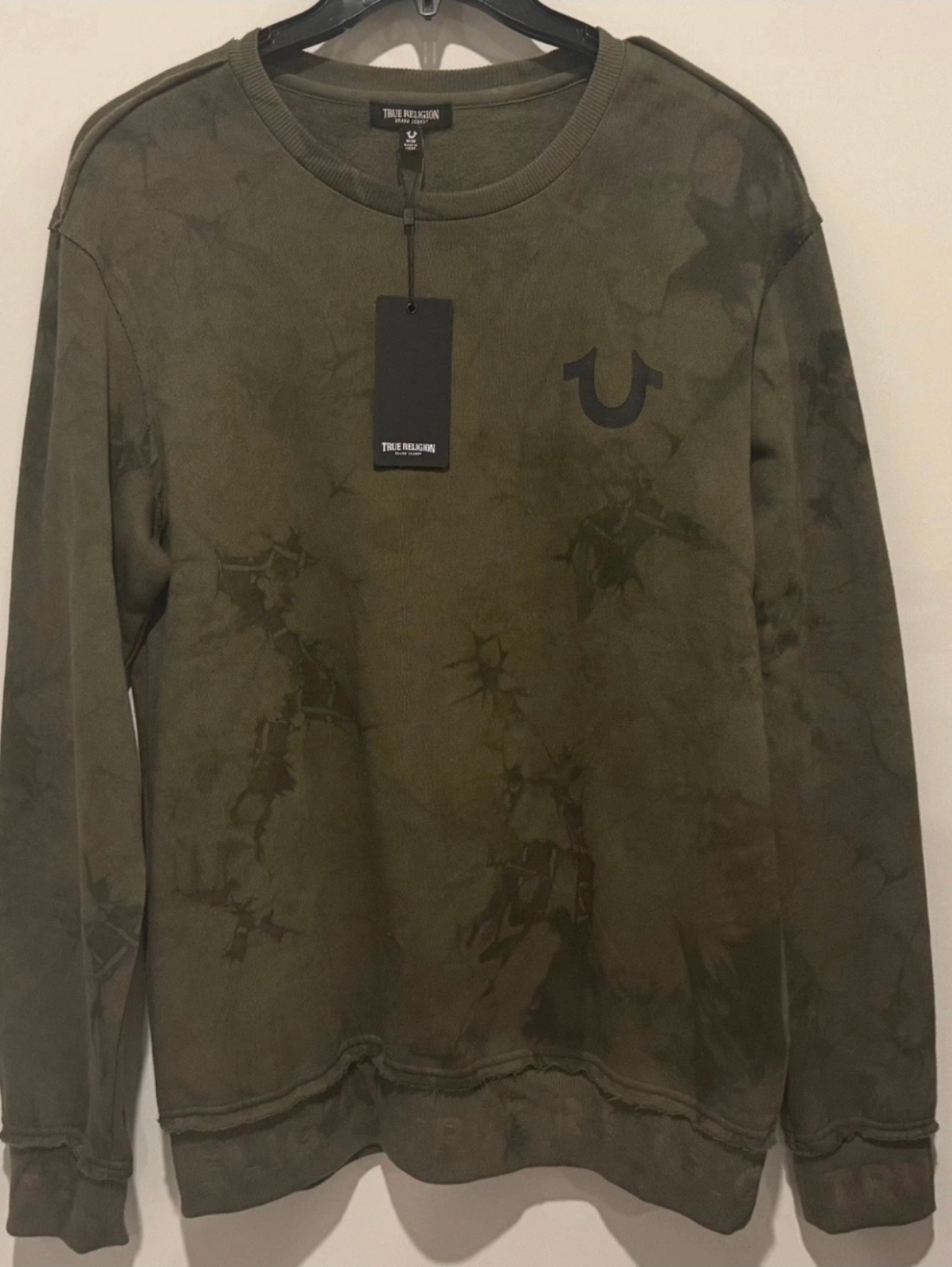 New True Religion Men's Debossed logo raw trim sweatshirt Rib Pullover Green XL - Picture 3 of 10